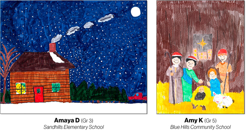 student artwork depicting Christmas themed scenes