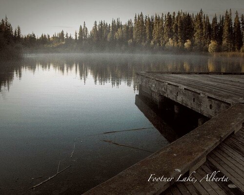 misty lake with wooden dock