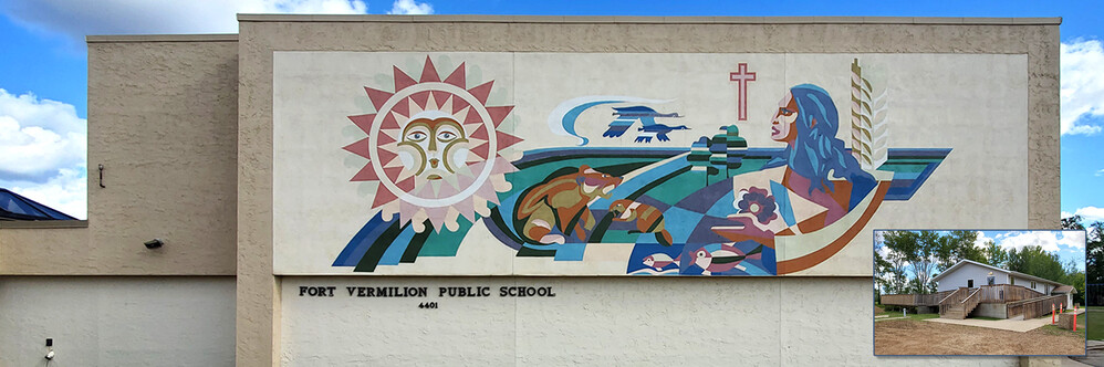 wall mural on school building with inset photo of house